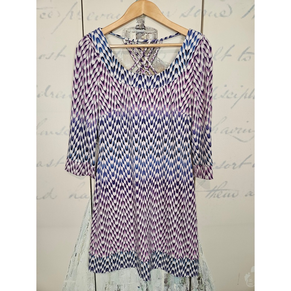 Jessica Simpson Purple Blue Geometric Chevron Lattice Back Dress 6 3/4 Sleeve